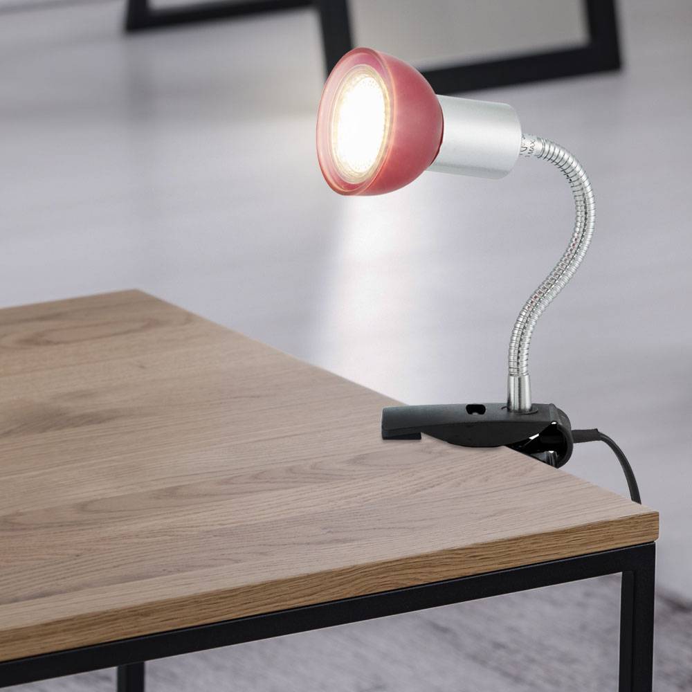 Klemmlampe silber Klemmleuchte Klemmlampe LED mit Stecker, Tischleuchte Leselampe, Spot beweglich, Metall titanfarben Glas rot, 1x LED 3W 250Lm