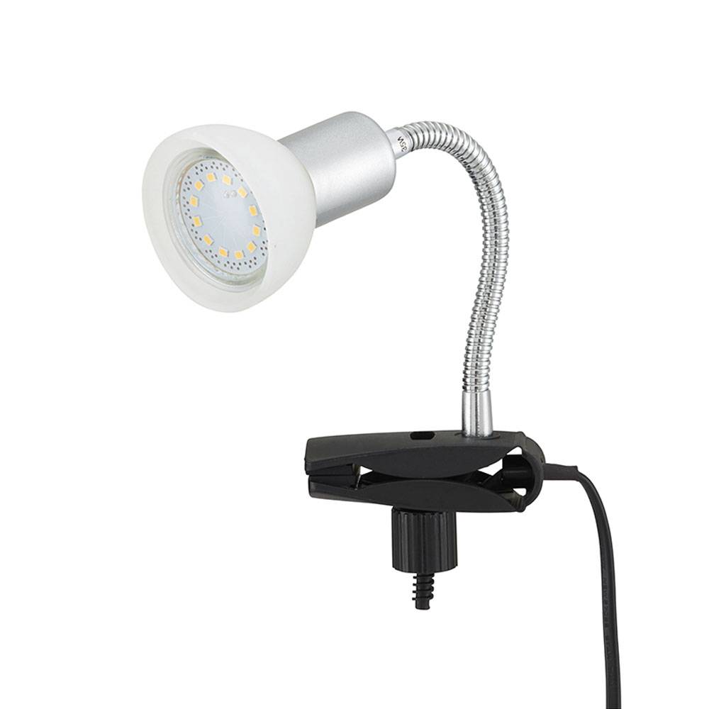 Klemmlampe weiß Klemmleuchte Klemmlampe LED mit Stecker, Tischleuchte Leselampe, Spot beweglich, Metall titanfarben Glas weiß, 1x LED 3W 250Lm 3000K