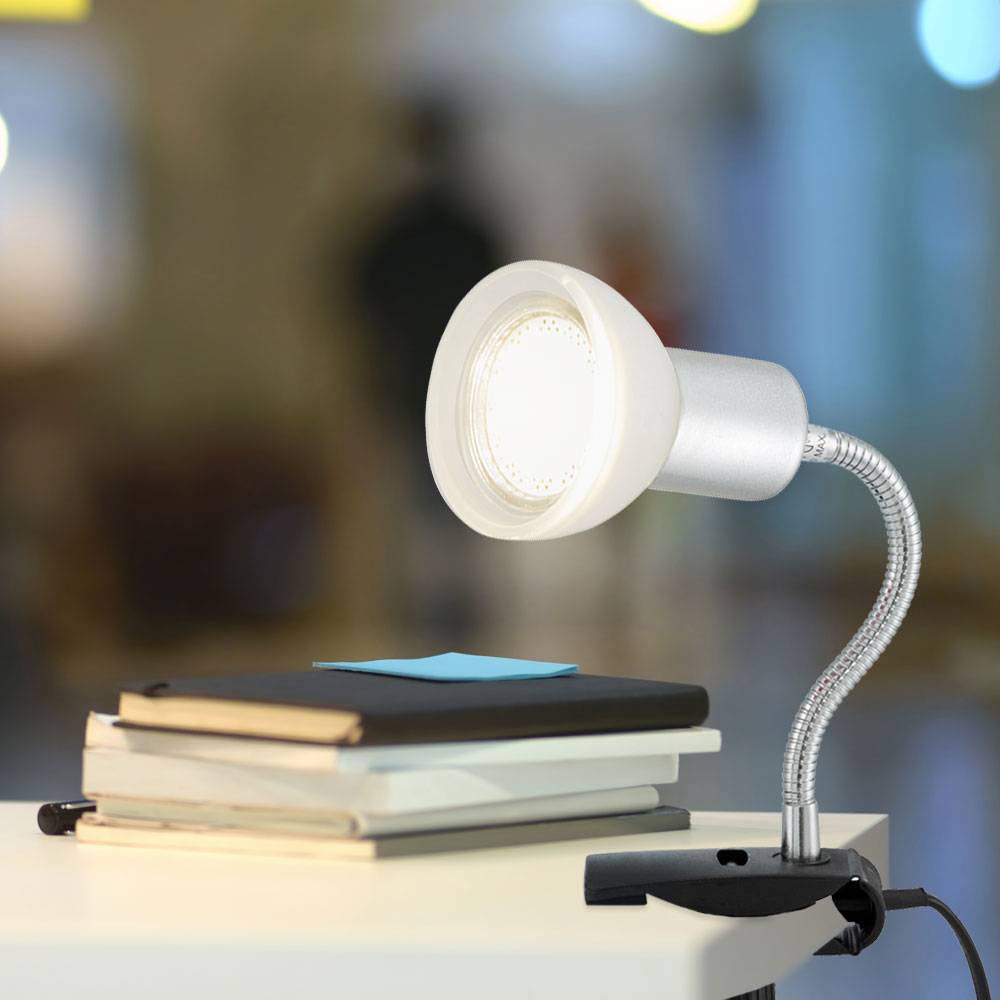 Klemmlampe weiß Klemmleuchte Klemmlampe LED mit Stecker, Tischleuchte Leselampe, Spot beweglich, Metall titanfarben Glas weiß, 1x LED 3W 250Lm 3000K