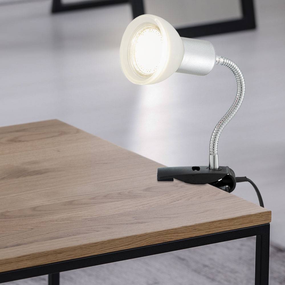 Klemmlampe weiß Klemmleuchte Klemmlampe LED mit Stecker, Tischleuchte Leselampe, Spot beweglich, Metall titanfarben Glas weiß, 1x LED 3W 250Lm 3000K