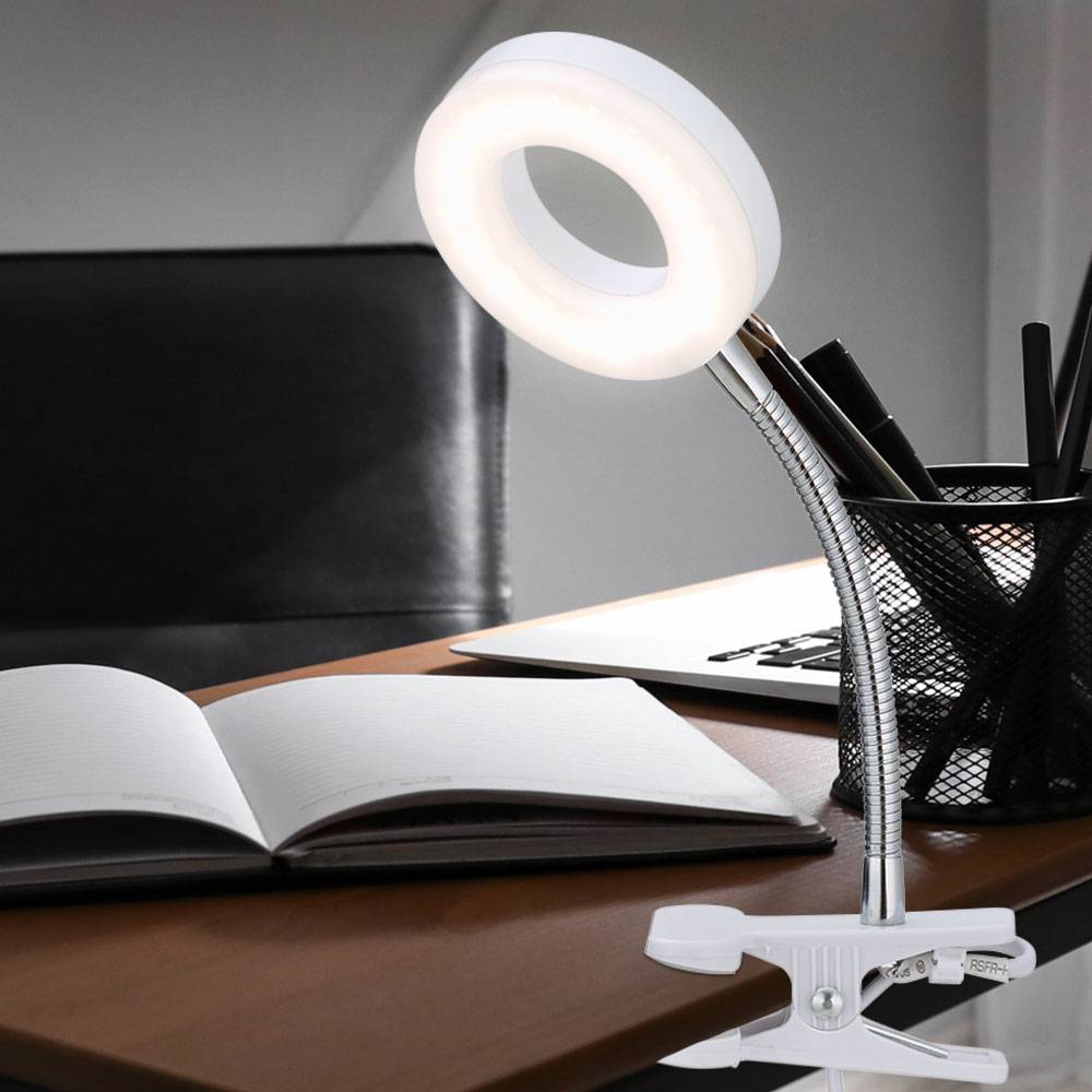 Klemmlampe weiß Klemmleuchte Klemmlampe LED mit Stecker, Tischleuchte Leselampe, Spot beweglich, Metall , 1x LED 4W 330Lm 3000K, DxH 9x21 cm