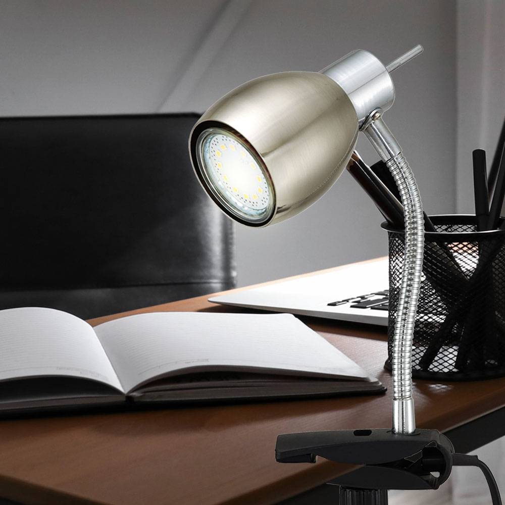 Klemmlampe nickel matt Klemmleuchte Klemmlampe LED mit Stecker, Tischleuchte Leselampe, Spot beweglich, Metall schwarz, 1x LED 3W 250Lm 3000K, HxA