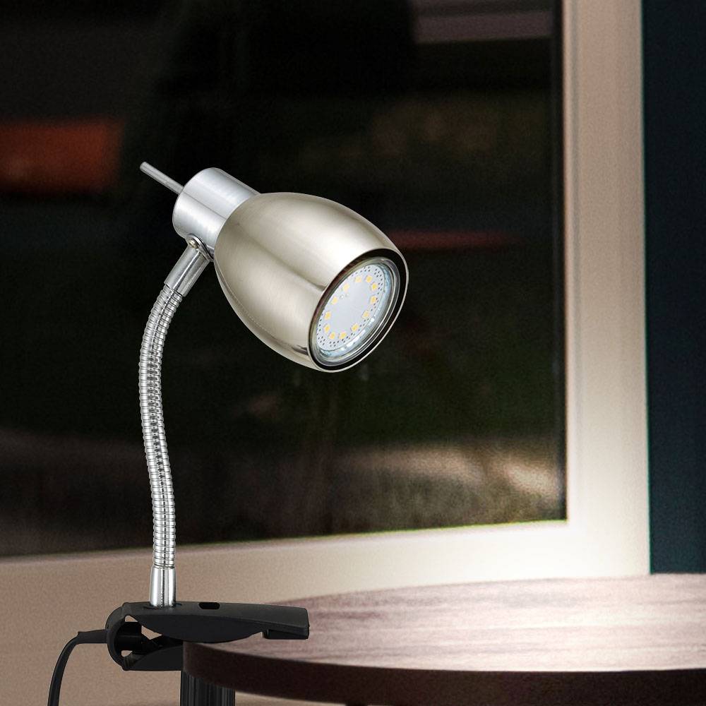 Klemmlampe nickel matt Klemmleuchte Klemmlampe LED mit Stecker, Tischleuchte Leselampe, Spot beweglich, Metall schwarz, 1x LED 3W 250Lm 3000K, HxA