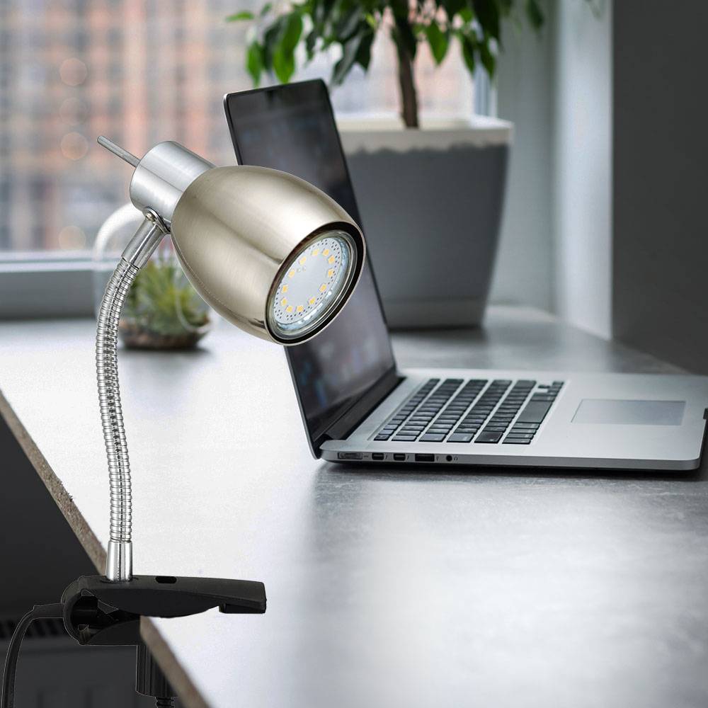 Klemmlampe nickel matt Klemmleuchte Klemmlampe LED mit Stecker, Tischleuchte Leselampe, Spot beweglich, Metall schwarz, 1x LED 3W 250Lm 3000K, HxA