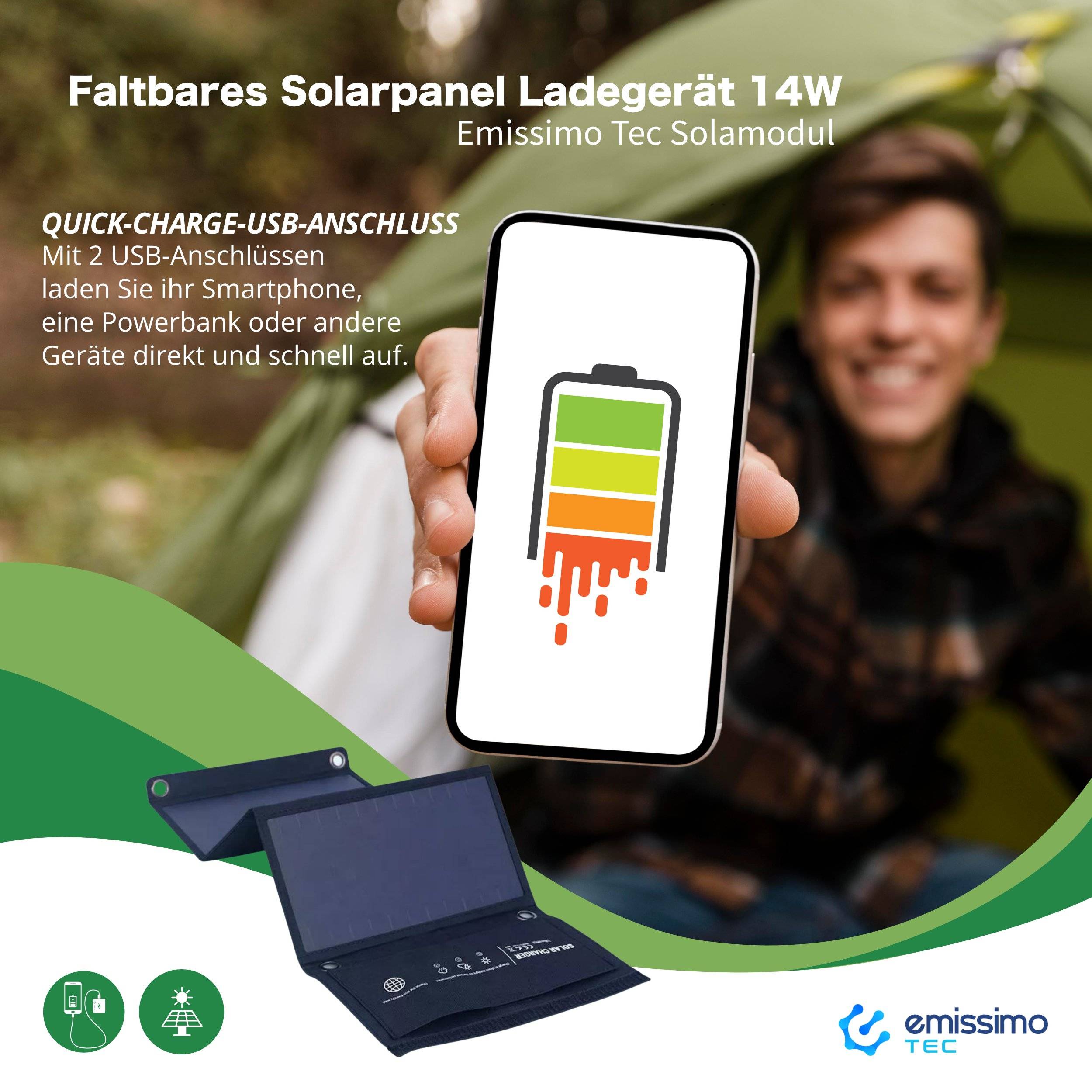 Faltbares Solarpanel Ladegerät 14W monokristallines Solarmodul mit 2x Quick-Charge-USB