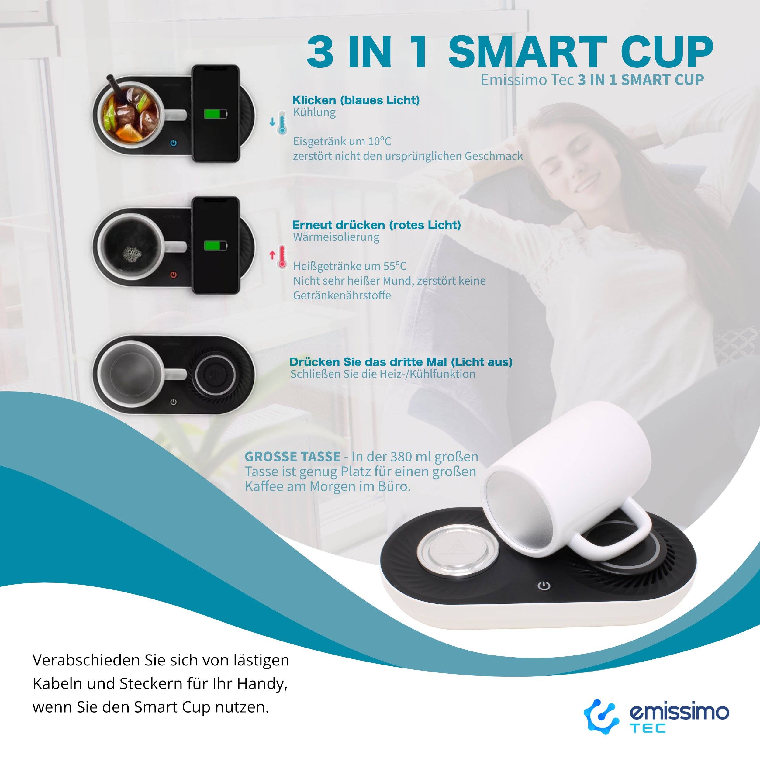 Tassenuntersetzer mit Warmhalte- und Kühlfunktion + kabelloses Schnell-Ladegerät Wireless Charger