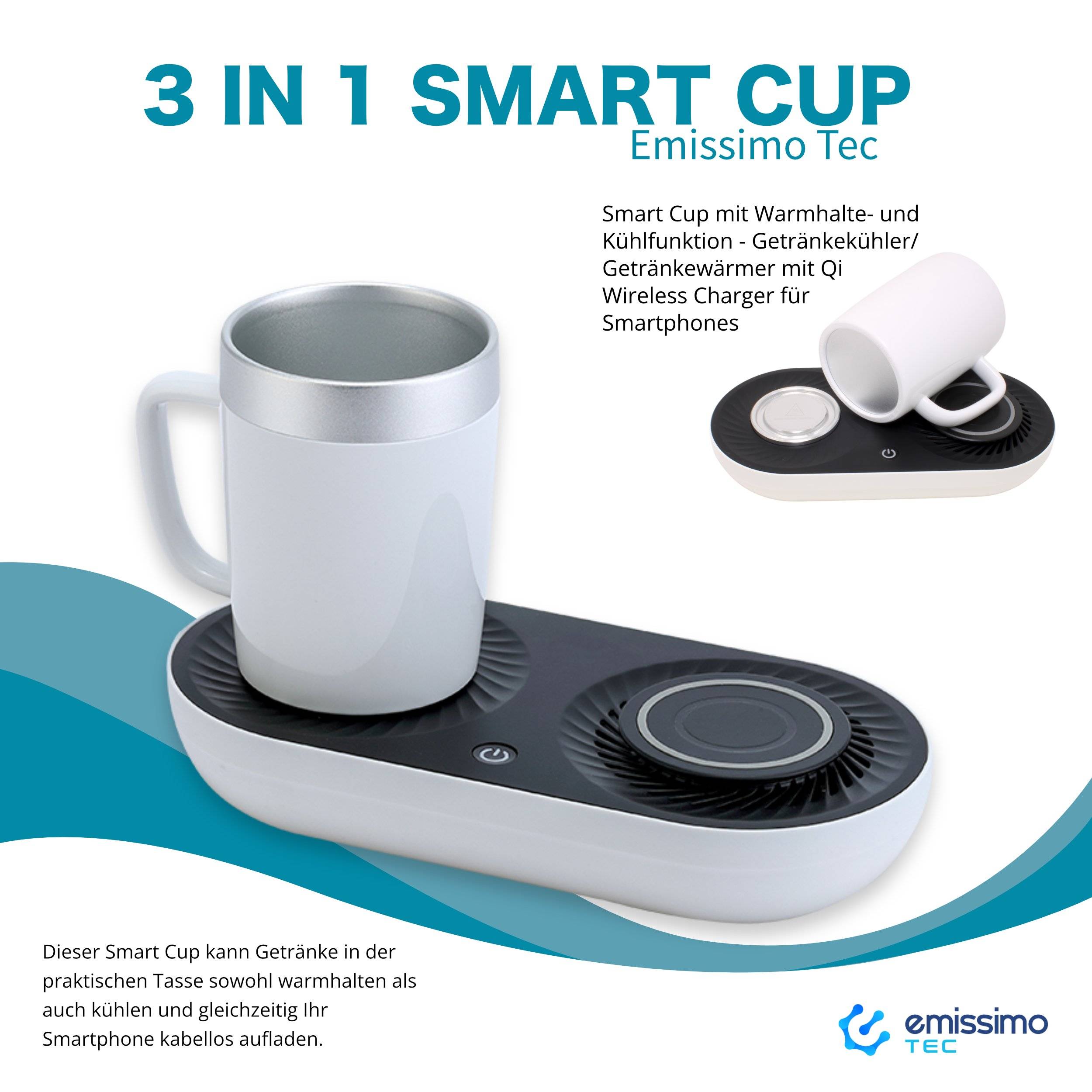 Tassenuntersetzer mit Warmhalte- und Kühlfunktion + kabelloses Schnell-Ladegerät Wireless Charger