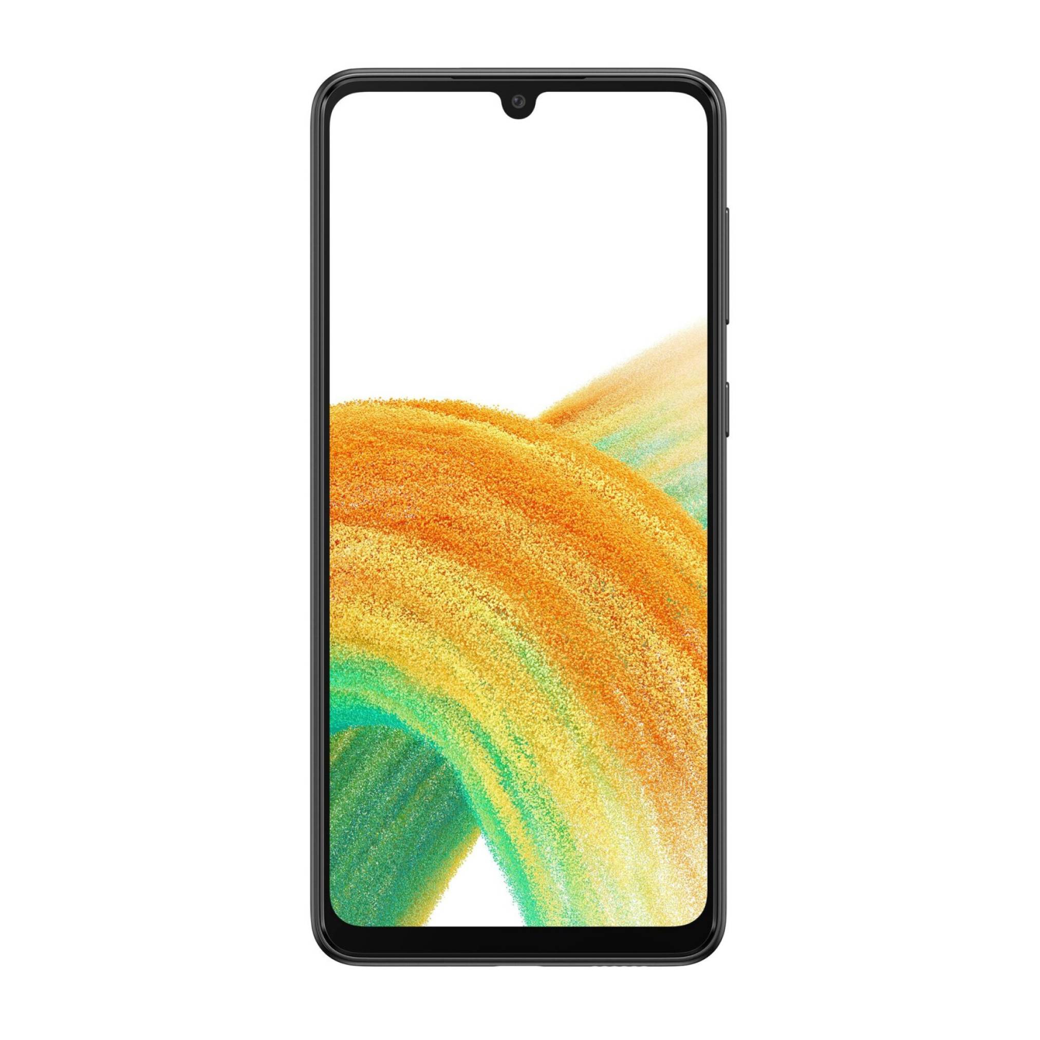 Vorderansicht eines Smartphones mit schwarzem Rahmen und Teardrop-Notch, zeigt ein buntes abstraktes Hintergrundbild in Orange, Grün und Gelb auf weißem Hintergrund.