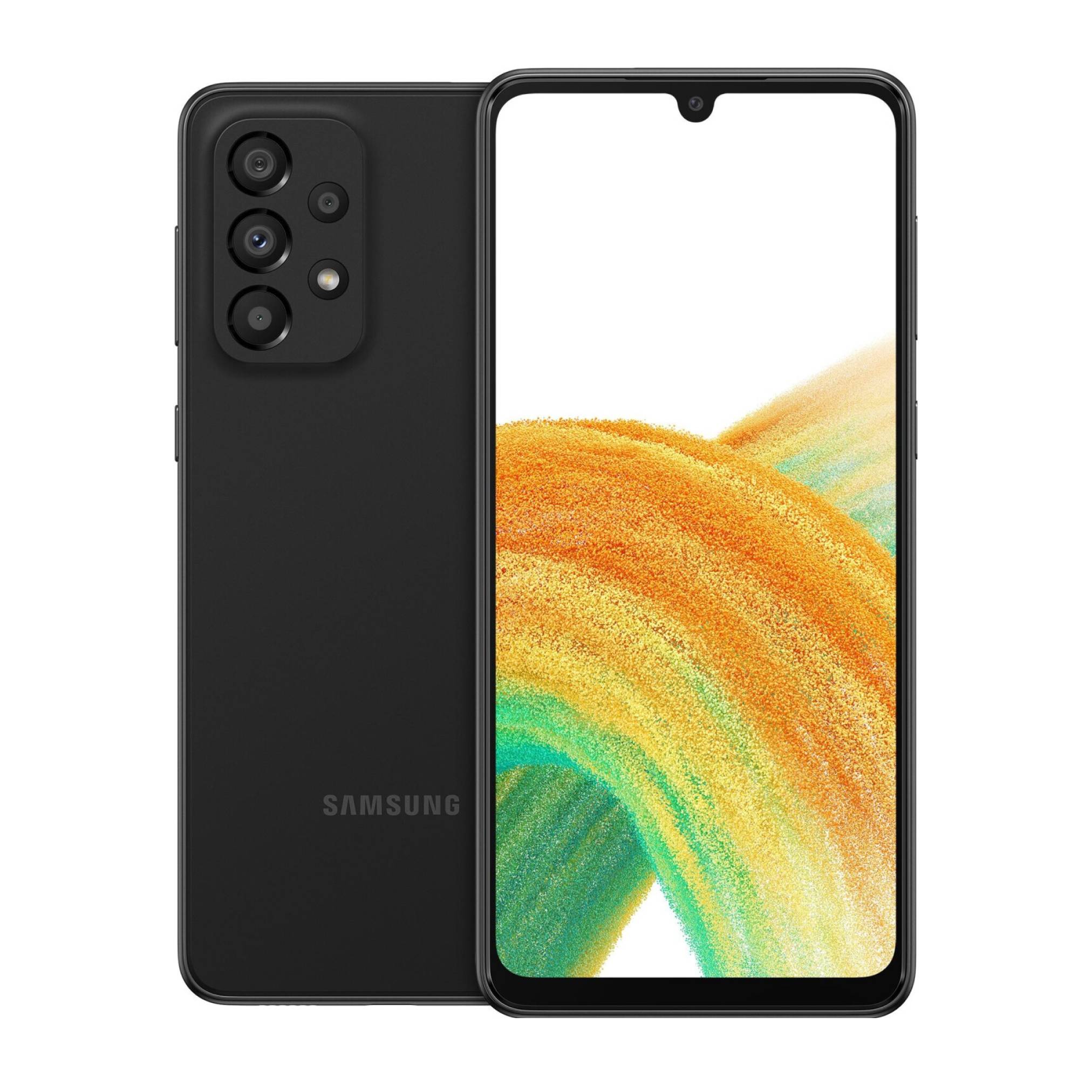 Schwarzes Samsung-Smartphone von vorn und hinten dargestellt, mit dreifacher Rückfahrtkamera und Display mit Tropfenkerbe, das ein farbenfrohe abstrakte Hintergrund anzeigt.