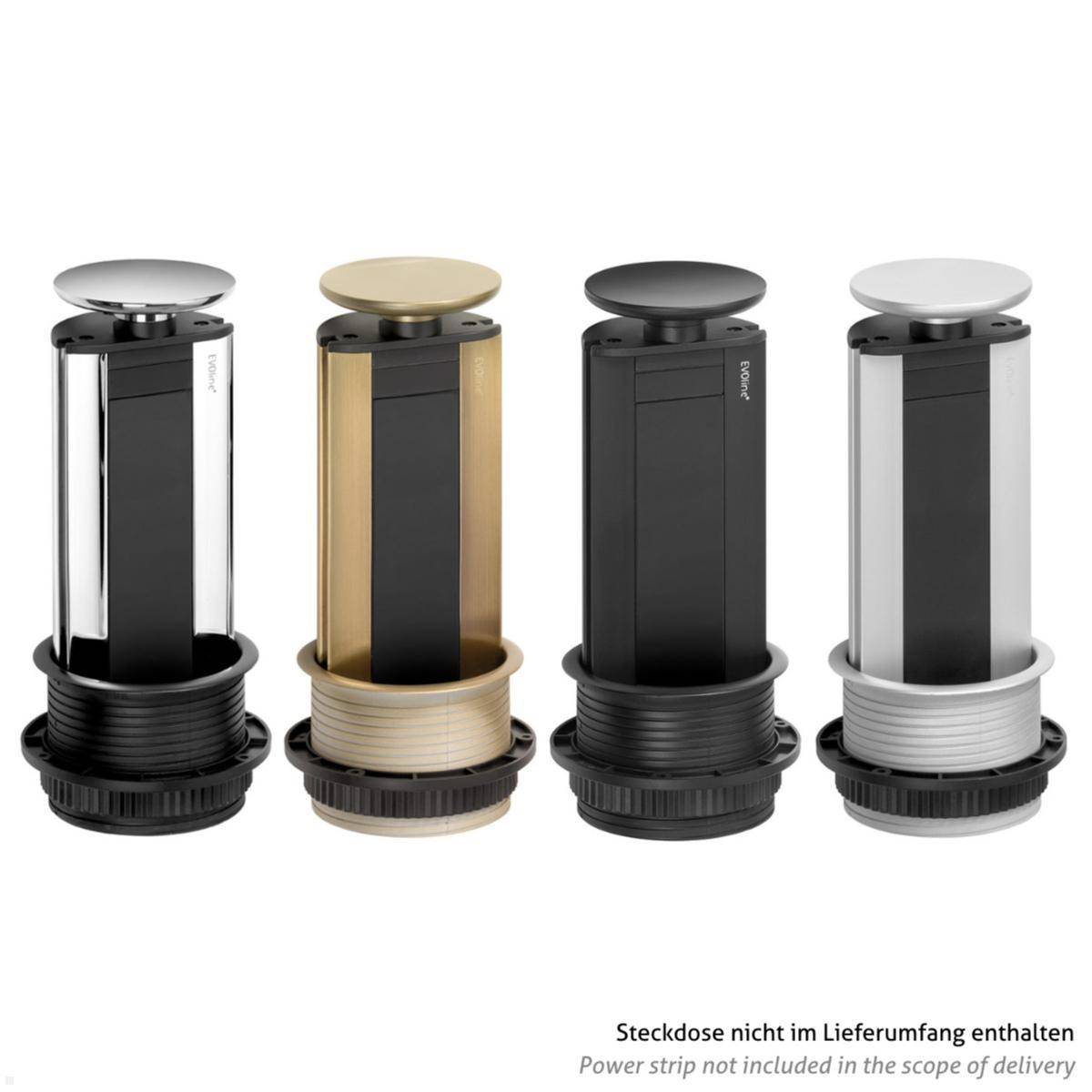 Vier zylindrische Steckdosen in verschiedenen Farben: Silber, Weiß, Gold und Schwarz. Beschriftet: Steckdose nicht im Lieferumfang enthalten.