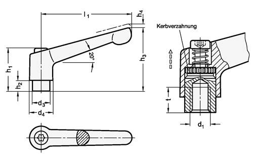 Otto Ganter GmbH & Co. KG Normteilefabrik Verstellbarer Klemmhebel GN 300.1 d1 M 10mm l1 78mm IG GANTER 300.1-78-M10-SW