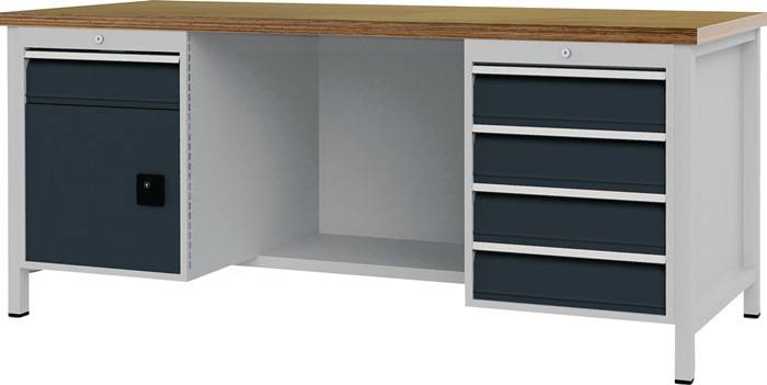 Werkbank grau lichtgrau B2000xH859xT750mm Buche Multiplex 40mm 5 Schubl.1 Tür