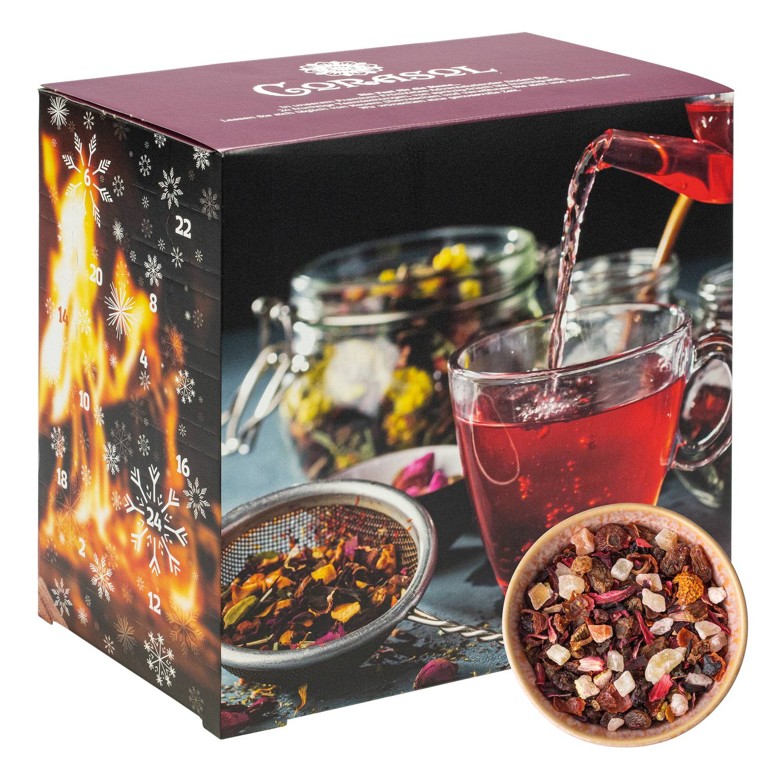 Corasol Premium Früchtetee-Adventskalender, 24 fruchtige Gourmet-Teesorten, loser Tee, Geschenk-Idee für Frauen (231 g)