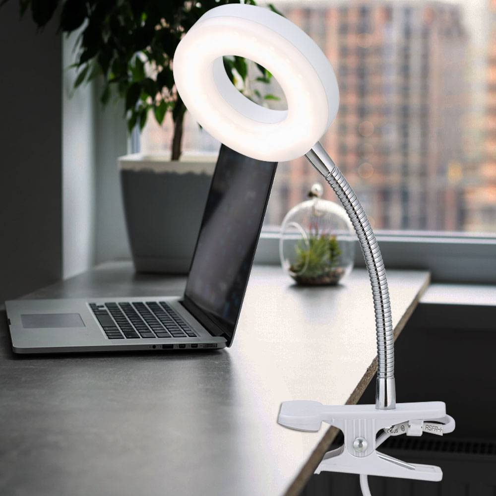Klemmlampe weiß Klemmleuchte Wohnzimmer Klemmlampe LED mit Stecker, Tischleuchte Leselampe, Spot beweglich, Metall , 1x LED 4W 330Lm 3000K, DxH 9x21