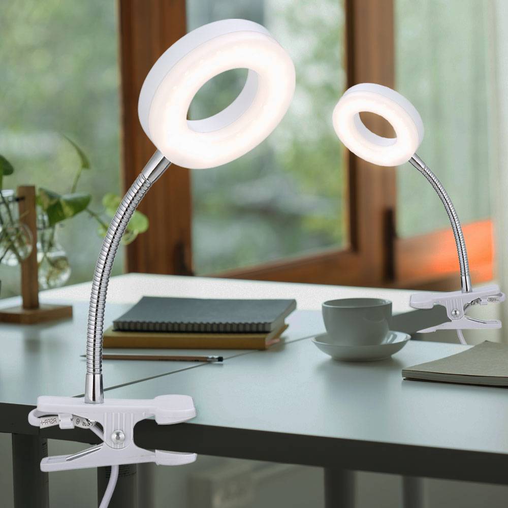 Klemmlampe weiß Klemmleuchte Wohnzimmer Klemmlampe LED mit Stecker, Tischleuchte Leselampe, Spot beweglich, Metall , 1x LED 4W 330Lm 3000K, DxH 9x21