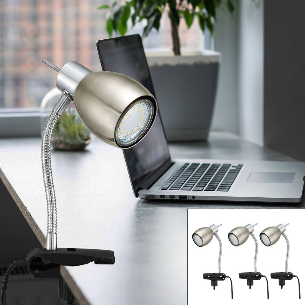 Klemmlampe nickel matt Klemmleuchte Klemmlampe LED mit Stecker, Tischleuchte Leselampe, Spot beweglich, Metall schwarz, 1x LED 3W 250Lm 3000K, HxA