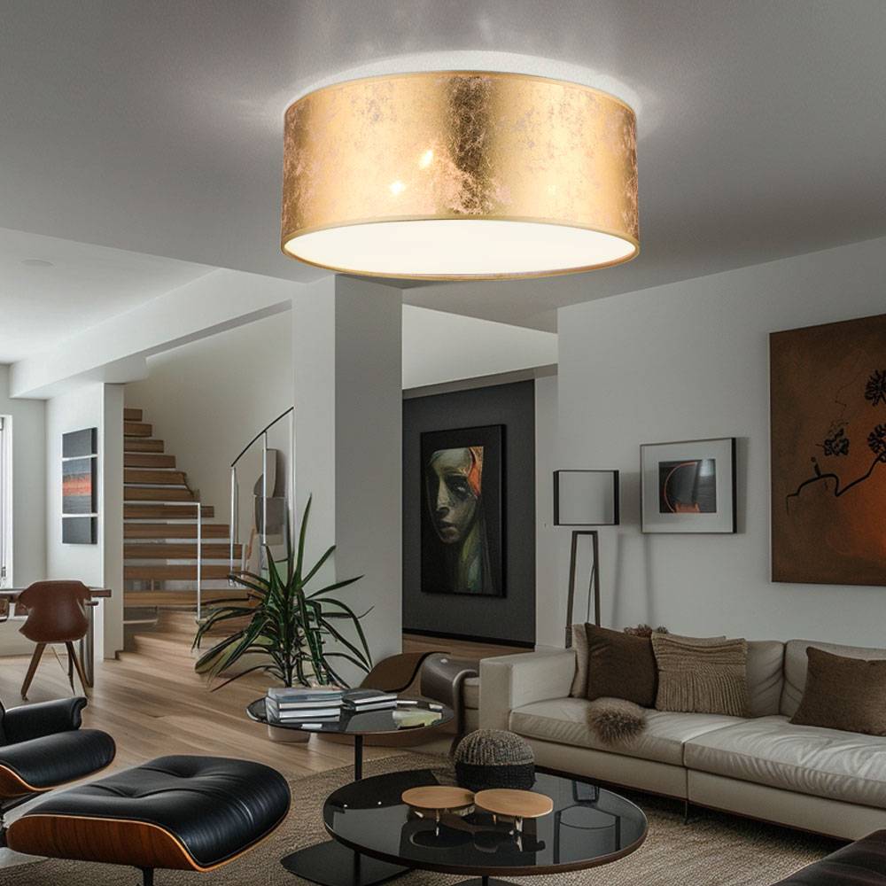 Deckenleuchte gold Textil Deckenlampe Stoffschirm Wohnzimmerleuchte Decke gold, nickel-matt satiniert, 3 Flammig E14, DxH 40x17,5 cm