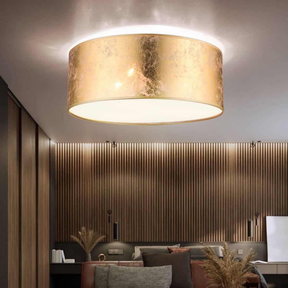 Deckenleuchte gold Textil Deckenlampe Stoffschirm Wohnzimmerleuchte Decke gold, nickel-matt satiniert, 3 Flammig E14, DxH 40x17,5 cm