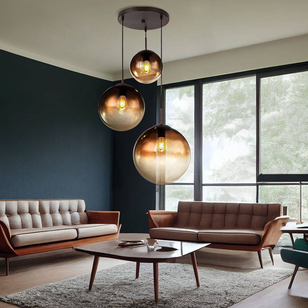 Hängelampe Pendelleuchte Glas 3 flammig GlaskugelHängelampe Glaskugel Esstischlampe, Metall braun, 3x E27 Fassungen, DxH 51x120 cm