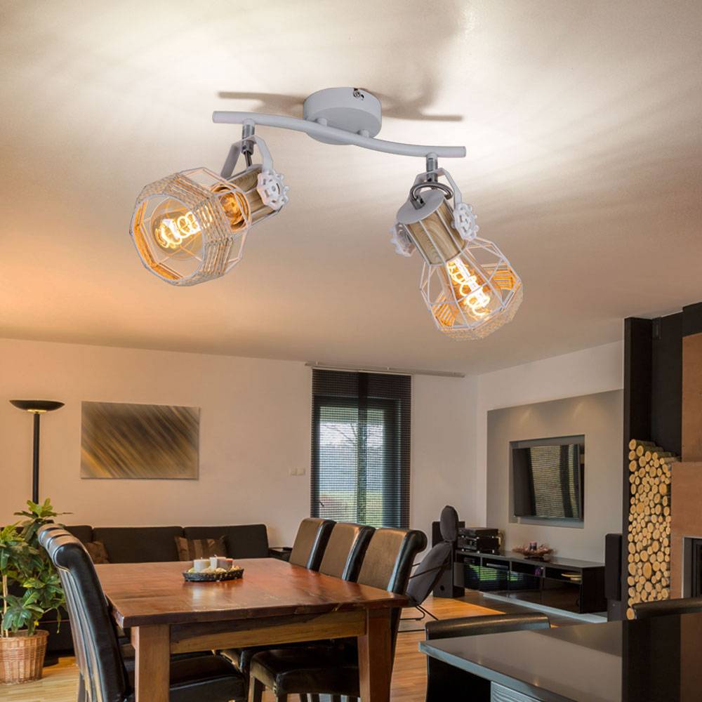 Deckenleuchte Holzoptik Spotleuchte Strahler schwenkbar Deckenlampe weiß, Metall, 2x E27 Fassungen, LxBxH 29,6x23x19 cm