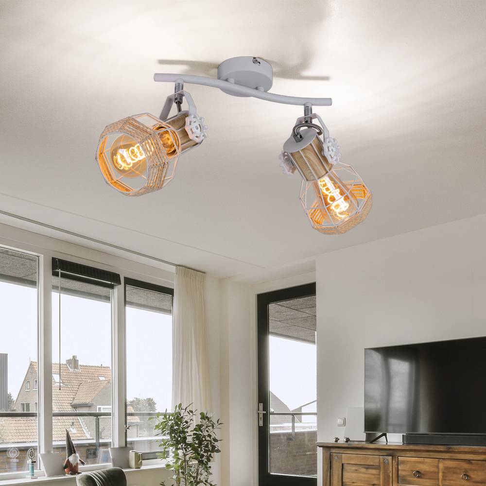 Deckenleuchte Holzoptik Spotleuchte Strahler schwenkbar Deckenlampe weiß, Metall, 2x E27 Fassungen, LxBxH 29,6x23x19 cm