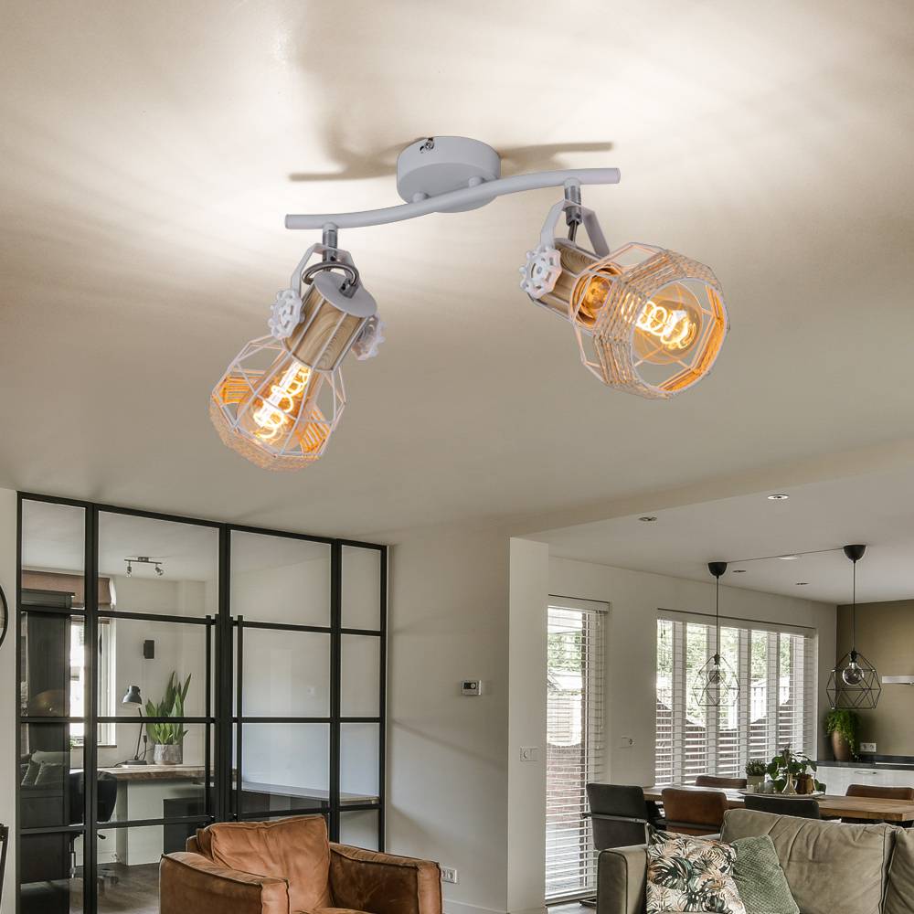 Deckenleuchte Holzoptik Spotleuchte Strahler schwenkbar Deckenlampe weiß, Metall, 2x E27 Fassungen, LxBxH 29,6x23x19 cm