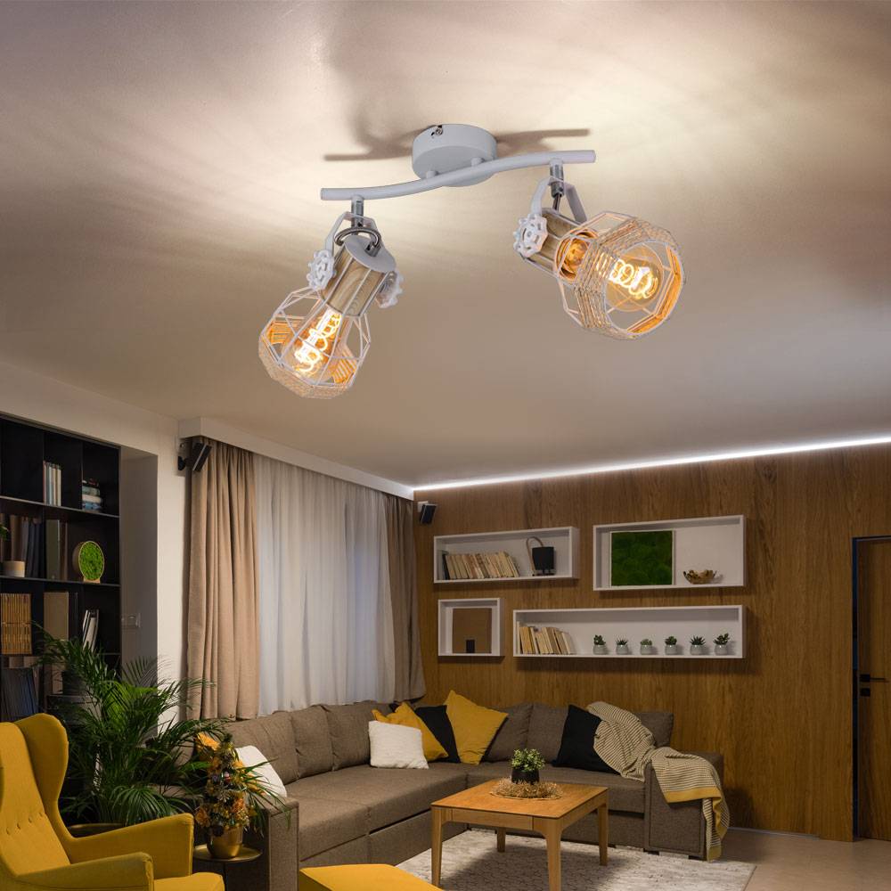 Deckenleuchte Holzoptik Spotleuchte Strahler schwenkbar Deckenlampe weiß, Metall, 2x E27 Fassungen, LxBxH 29,6x23x19 cm