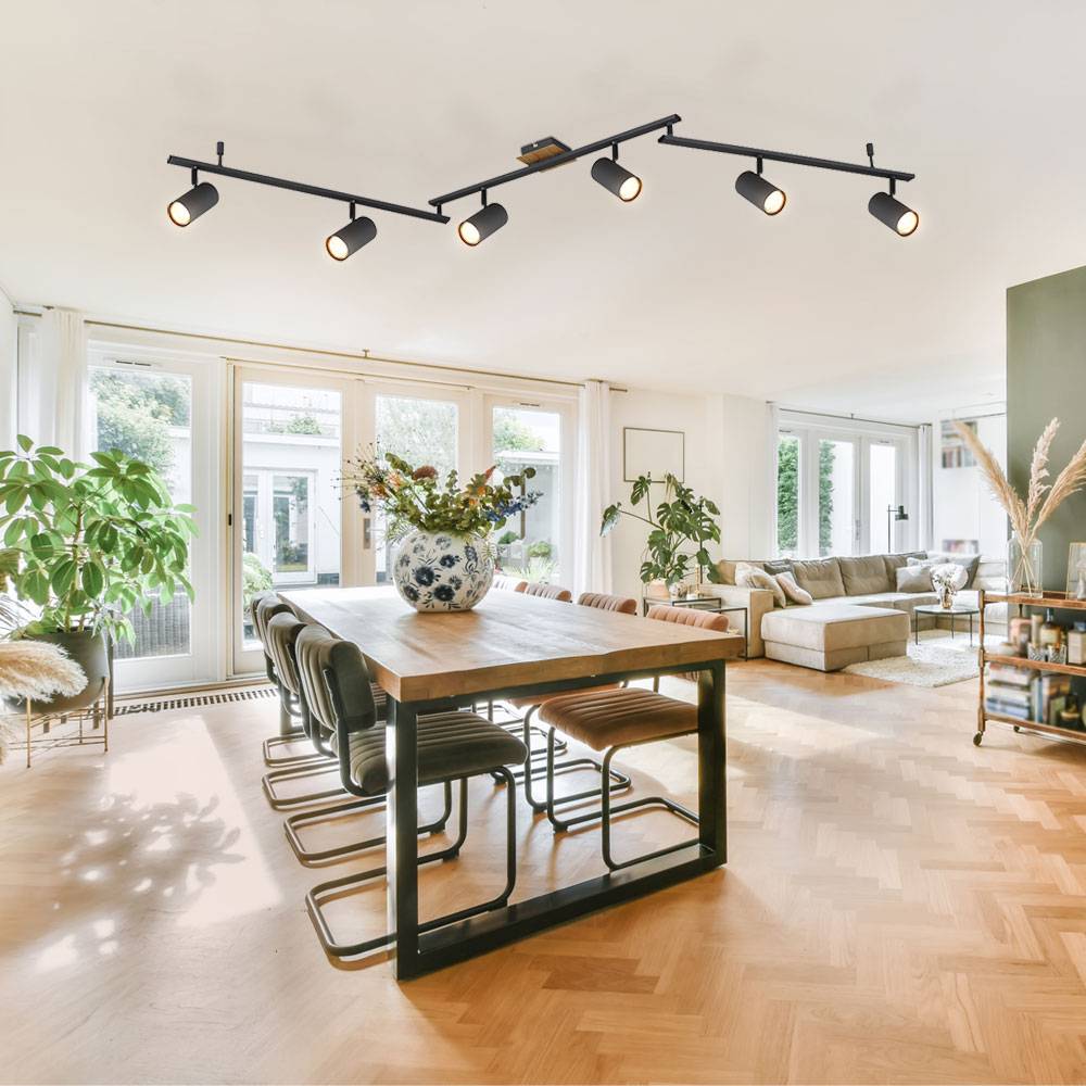 6 flammige Deckenleuchte Spotleuchte Holzoptik Deckenleuchte schwenkbar, skandinavisch, Metall Graphit, 6x GU10 Fassungen, HxLxBxD 18,5x180x10x5,5