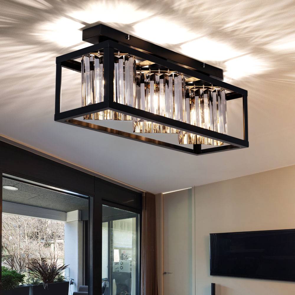 Kristall Deckenleuchte schwarz Deckenlampe E27 3 flammig Wohnzimmerlampe modern, Metall Glas rauchfarben, 3x E27 LxH 51x17 cm