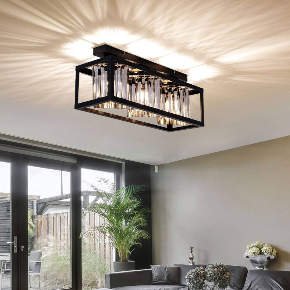 Kristall Deckenleuchte schwarz Deckenlampe E27 3 flammig Wohnzimmerlampe modern, Metall Glas rauchfarben, 3x E27 LxH 51x17 cm