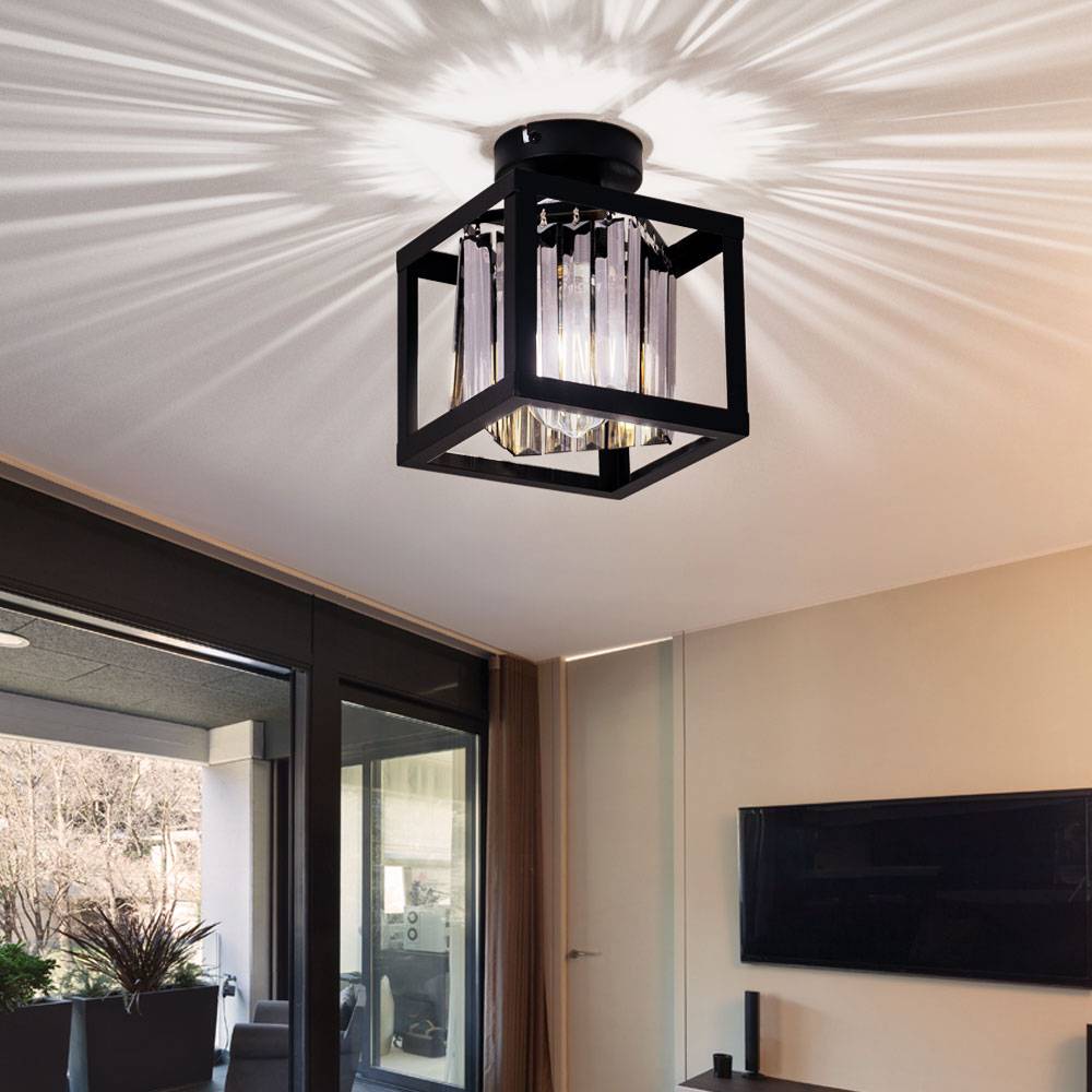 Kristall Deckenleuchte schwarz Deckenlampe E27 Wohnzimmer modern, Metall Glas rauchfarben, 1x E27 LxH 17x 21 cm