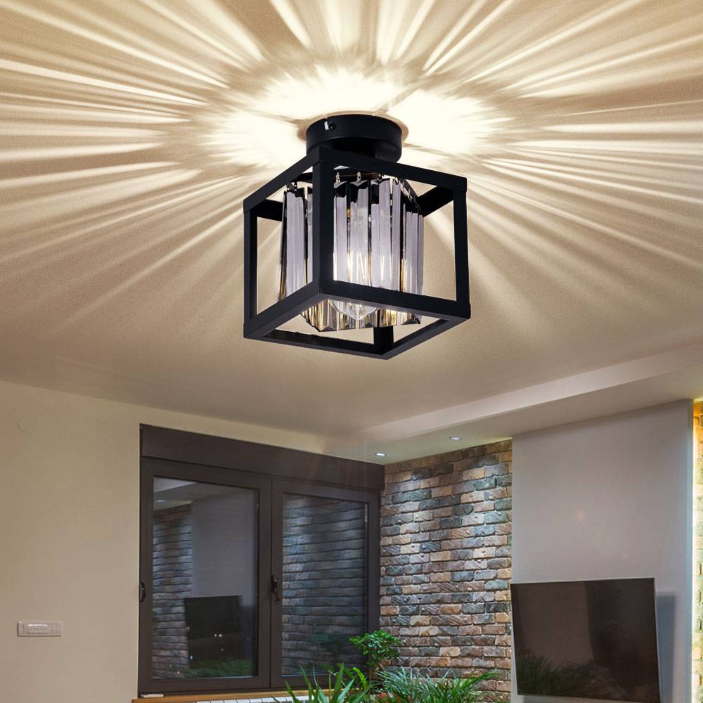 Kristall Deckenleuchte schwarz Deckenlampe E27 Wohnzimmer modern, Metall Glas rauchfarben, 1x E27 LxH 17x 21 cm