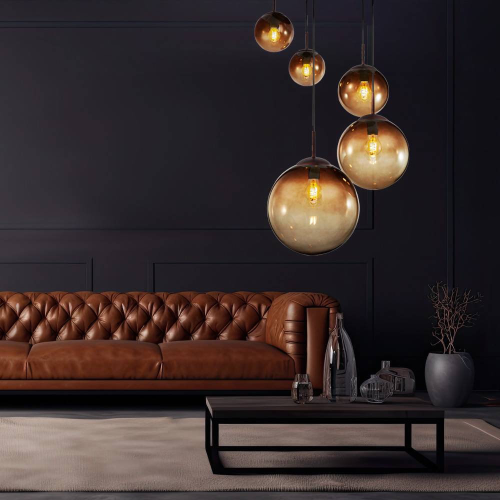 Decken Pendelleuchte mit Glas Lampenschirmen in amber Hängeleuchte 5 flammig Retro Hängelampe, 5x E27, Höhe 150 cm, Kugeln in verschiedenen Größe