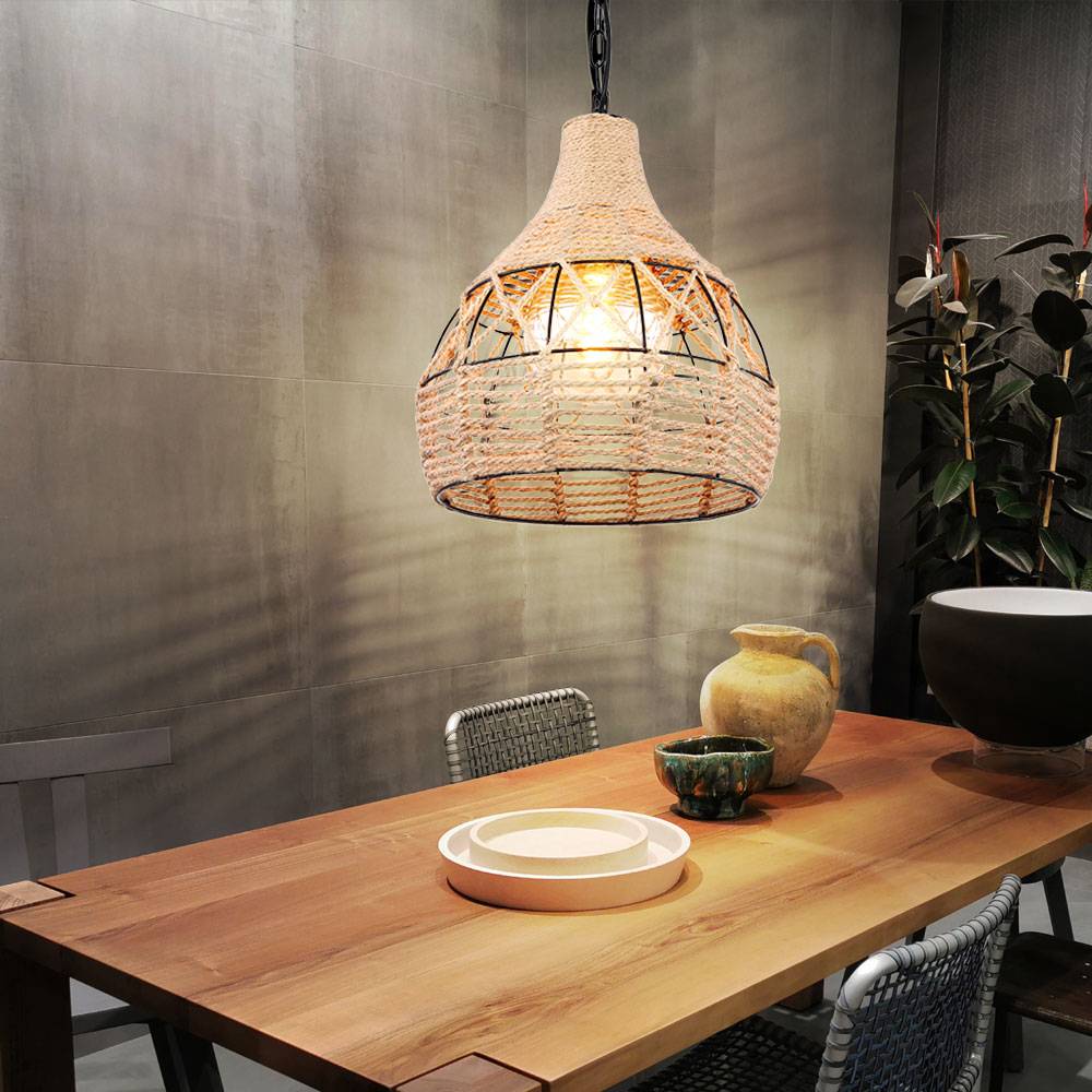 Pendellampe Hängeleuchte Esszimmer Hanfseil Deckenlampe Metall Kugelleuchte, Metall schwarz braun, 1x E27, DxH 30x135 cm