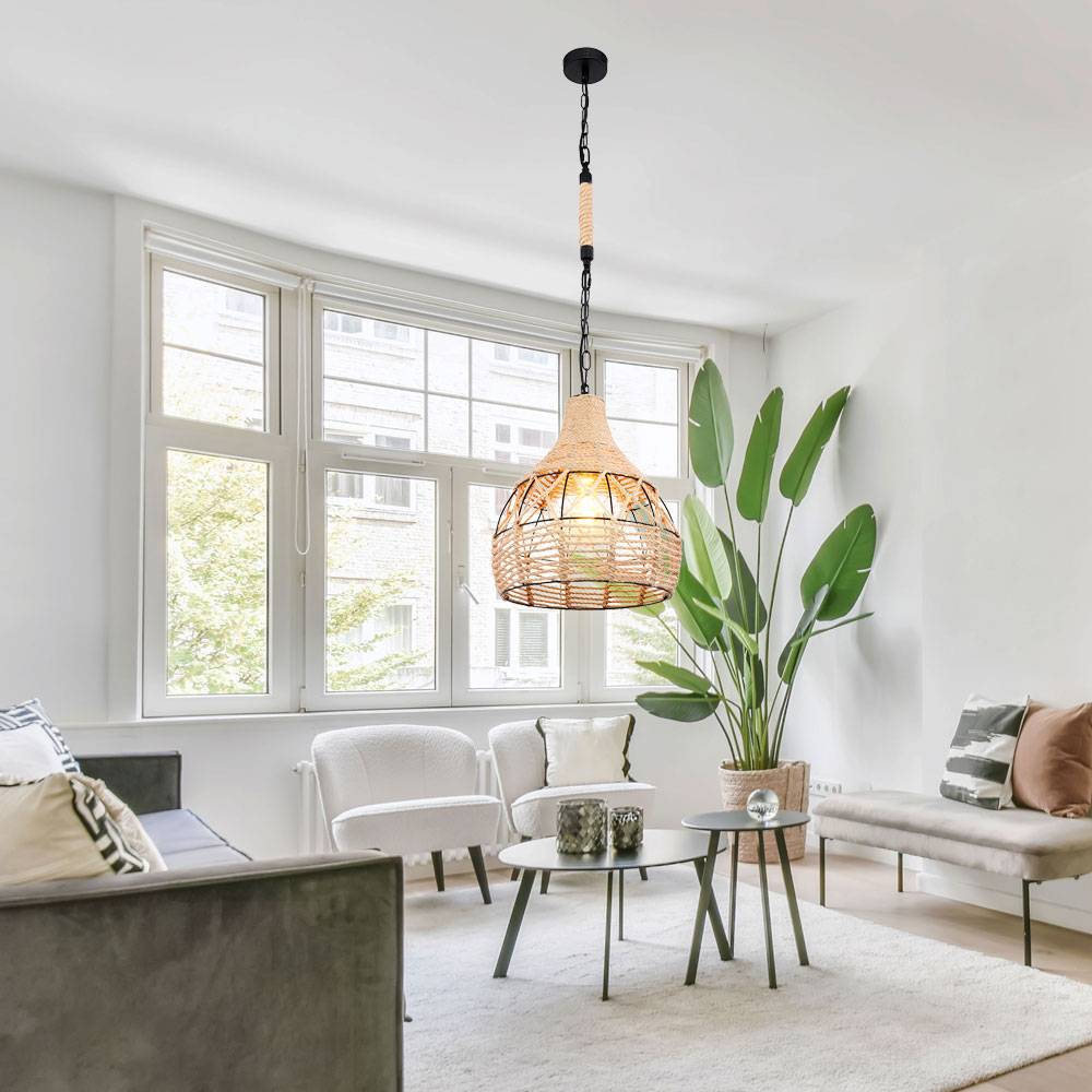 Pendellampe Hängeleuchte Esszimmer Hanfseil Deckenlampe Metall Kugelleuchte, Metall schwarz braun, 1x E27, DxH 30x135 cm