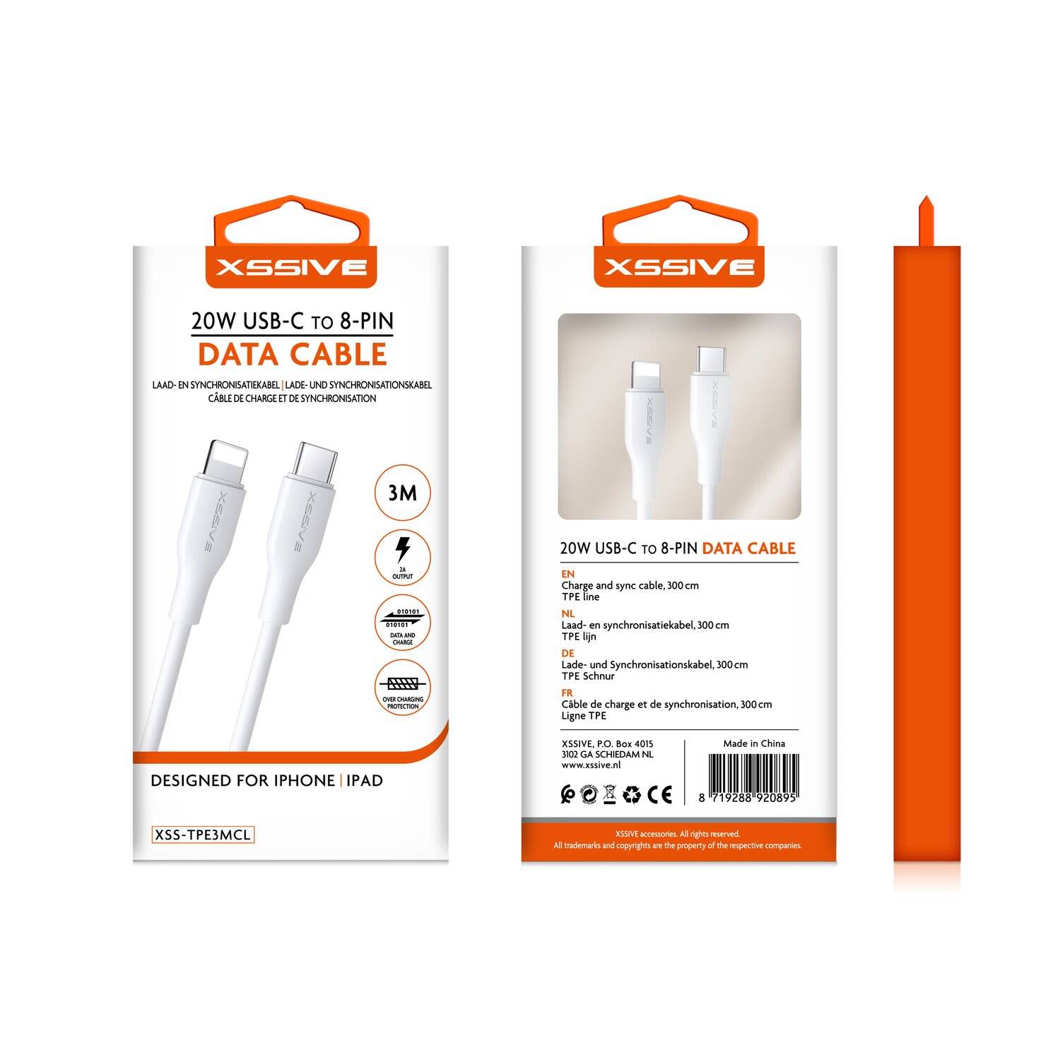 Xssive 20W 3 Meter USB-C zu iPhone Datenkabel 2.4A Schnell-Ladekabel Lade- und Synchronisationskabel weiß