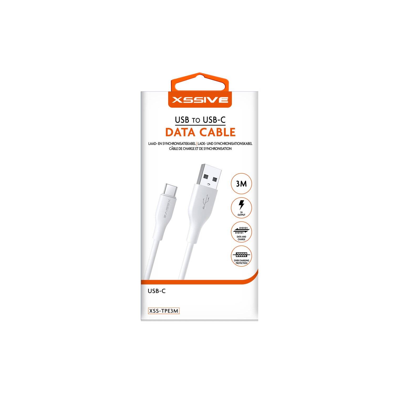 Xssive 2.4A 3 Meter Datenkabel 2.4A USB zu Typ-C (USB-C) Schnell-Ladekabel Lade- und Synchronisationskabel weiß