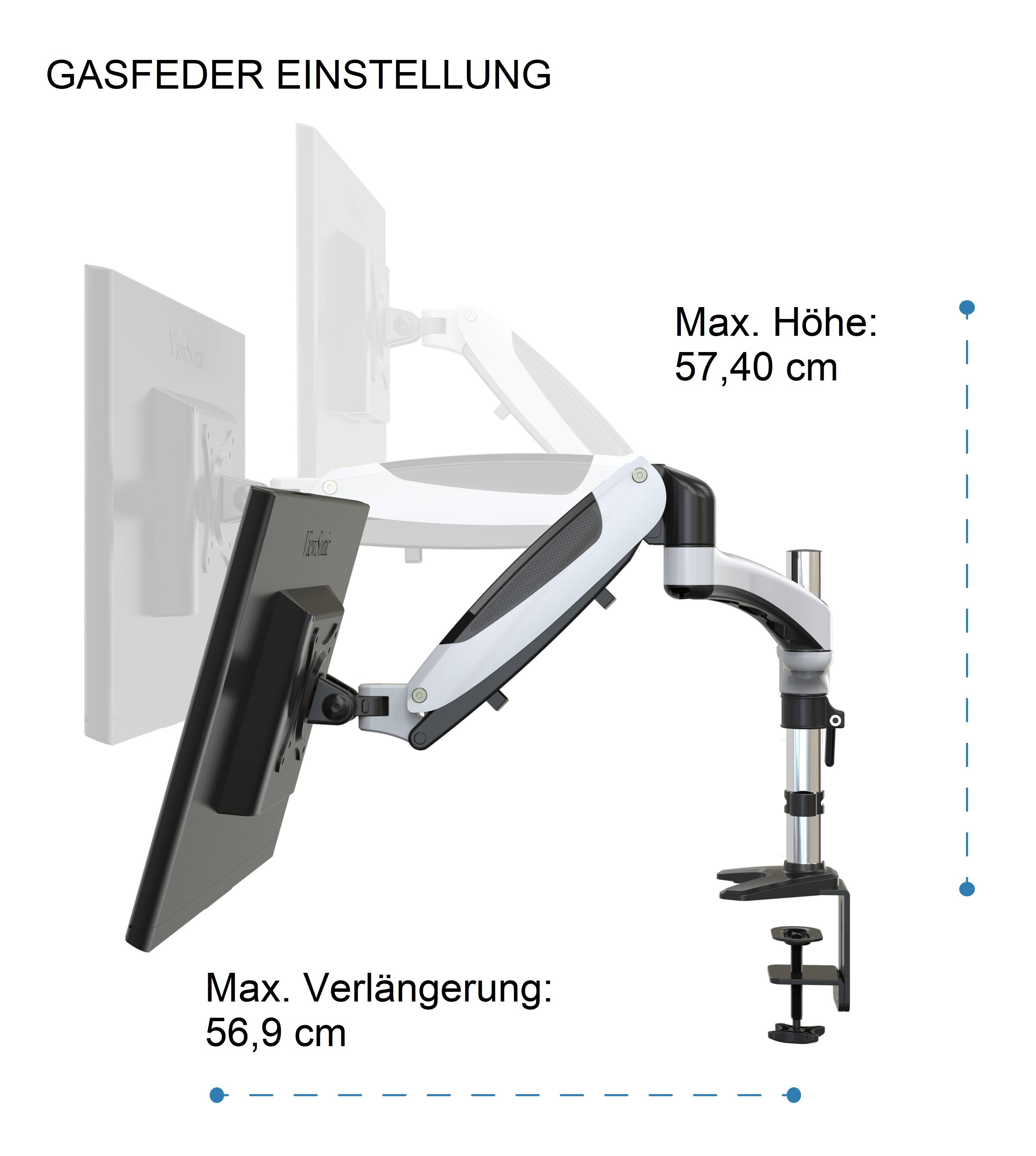 ERGOLEBEN ergonomische Tischhalterung Monitorhalterung höhenverstellbar Gasdruckfeder Arm - 2 Monitore mit drehbarer Verlängerung
