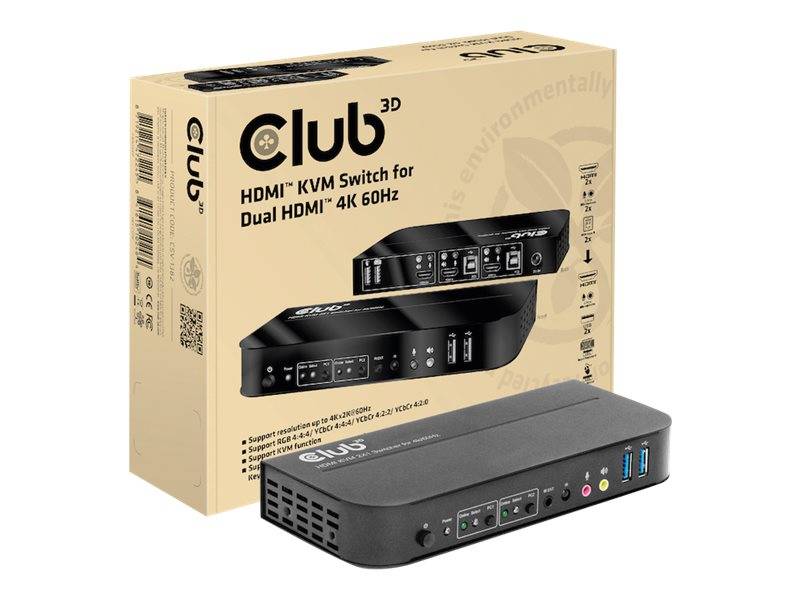 Club 3D HDMI KVM-Schalter für duales HDMI 4K 60Hz, gezeigt mit Produktverpackung und schwarzem Schaltgerät.