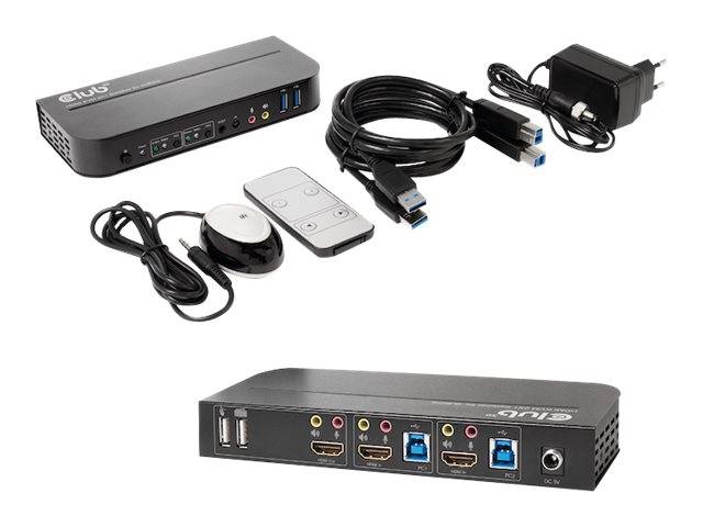 Zwei schwarze kompakte AV-Schalterboxen mit Kabeln, Fernbedienung, Netzteil und Steuerungsadaptern, die das enthaltene Hardware-Kit zeigen.