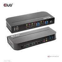 Zwei kompakte schwarze Club 3D Dockingstationen, von vorne und von der Seite dargestellt, mit mehreren USB-, HDMI-, Audio- und Ethernet-Anschlüssen.