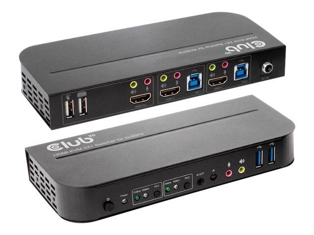 Zwei kompakte schwarze USB-KVM-Schalterboxen mit Vorder- und Rückseiten, die VGA-, HDMI-, USB-, Audio- und Stromanschlüsse zeigen.