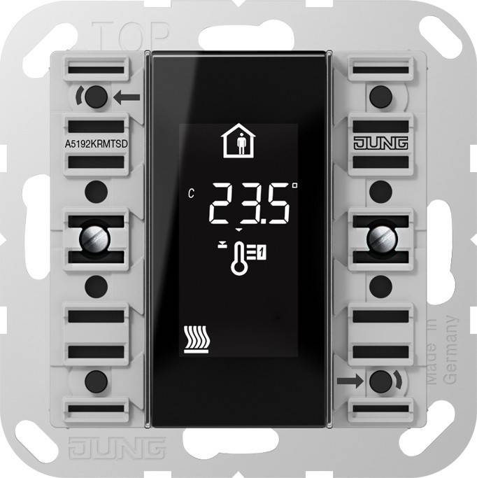 Digitales Thermostat-Display, das 23,5 Grad Celsius anzeigt, mit einem Hausicon darüber und einem Heizsymbol darunter.