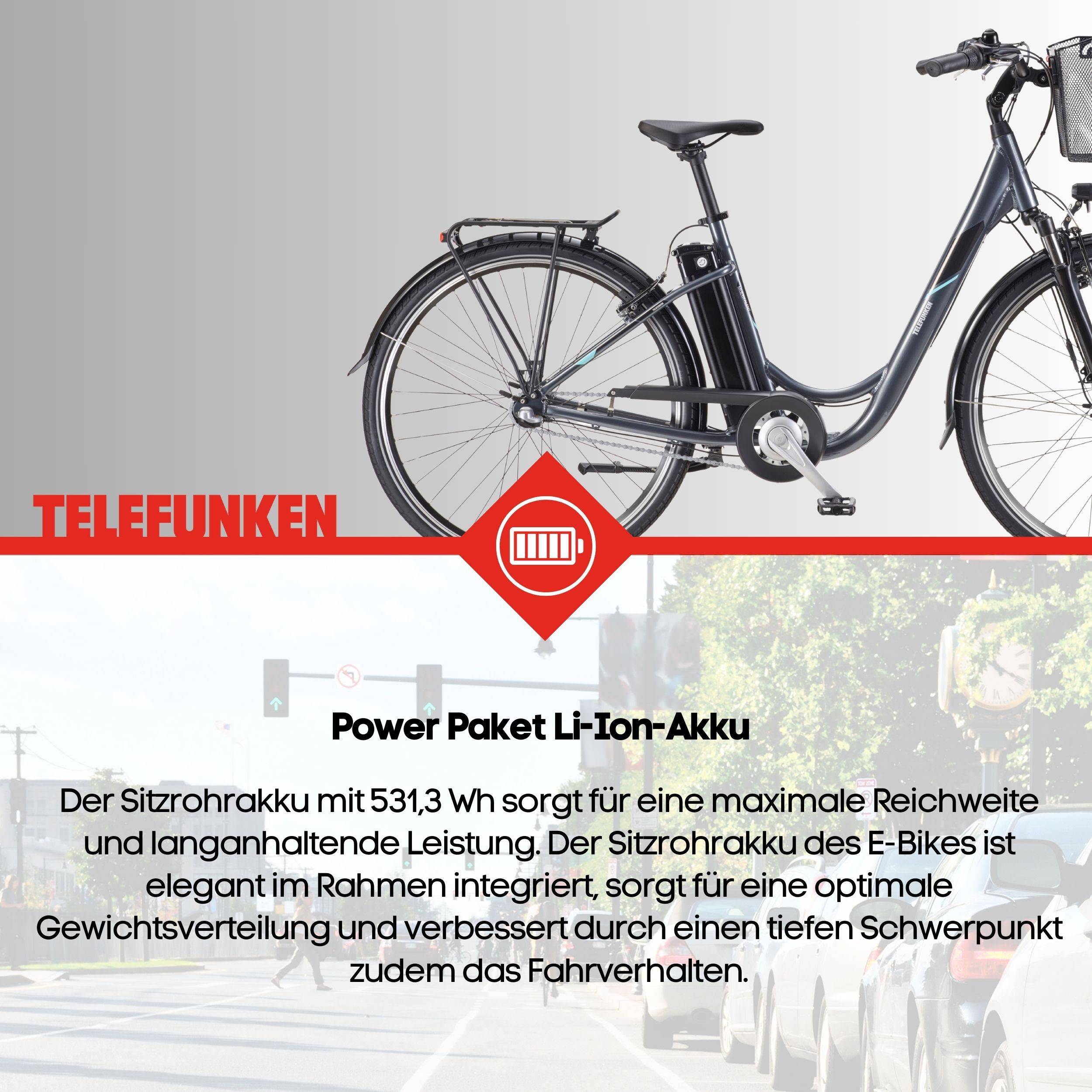 Telefunken E-Bike RC830 28 Zoll mit 3-Gang Shimano Nabenschaltung / Frontmotor 250W / Sitzrohrakku 531,3 Wh / anthrazit