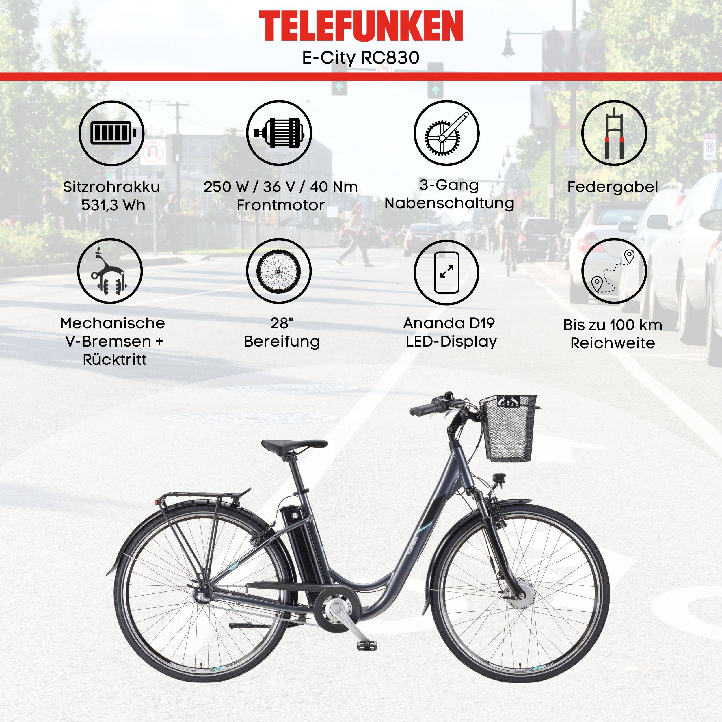 Telefunken E-Bike RC830 28 Zoll mit 3-Gang Shimano Nabenschaltung / Frontmotor 250W / Sitzrohrakku 531,3 Wh / anthrazit