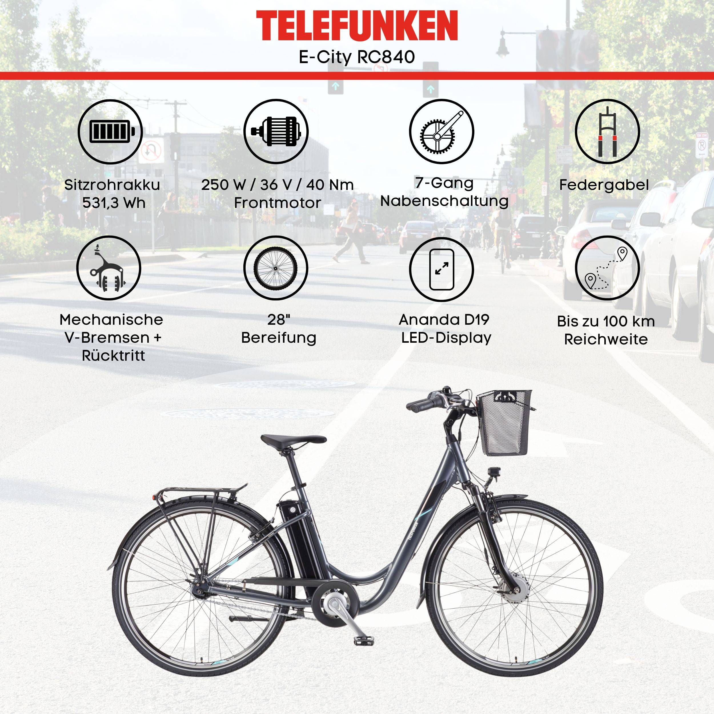 Telefunken E-Bike RC840 28 Zoll mit 7-Gang Shimano Nabenschaltung / Frontmotor 250W / Sitzrohrakku 531,3 Wh / anthrazit