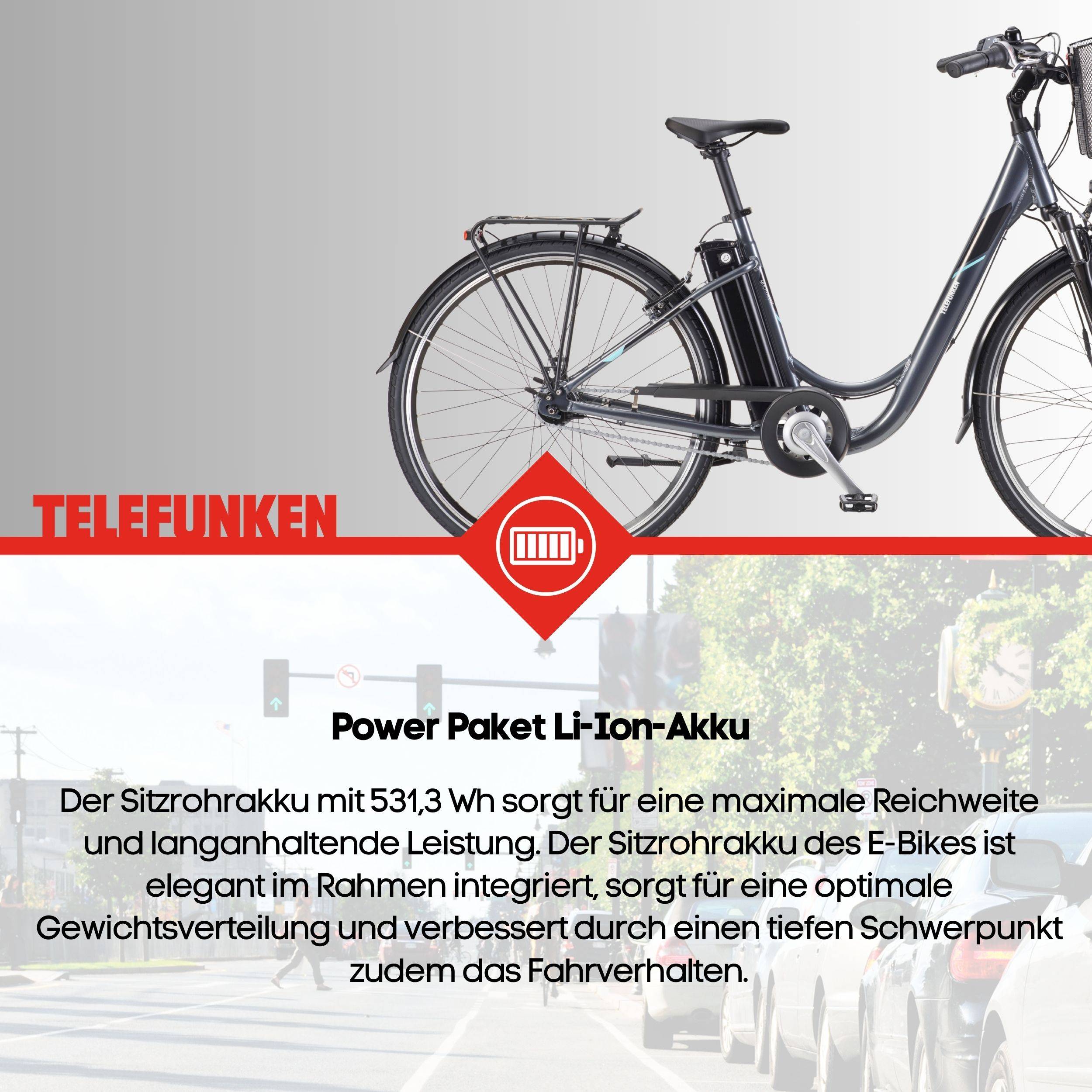 Telefunken E-Bike RC840 28 Zoll mit 7-Gang Shimano Nabenschaltung / Frontmotor 250W / Sitzrohrakku 531,3 Wh / anthrazit