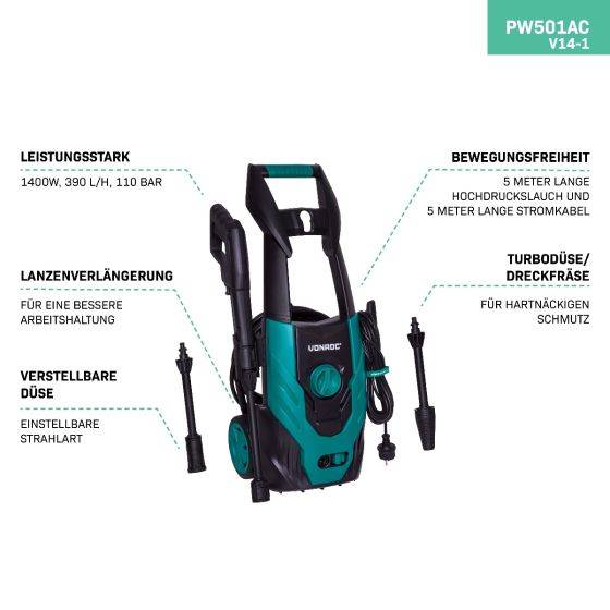 Hochdruckreiniger V14-1 - 1400 W – 110 bar | Inkl. Zubehör