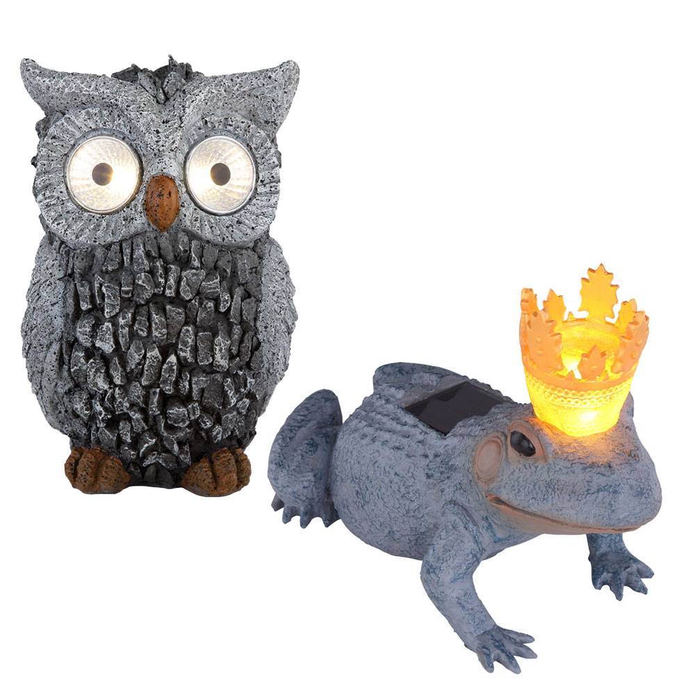Solar Eule Gartenskulptur für Außen Gartendeko Frosch Figur Skulptur grau Akku, Kunststoff, LED 0,06 Watt, 2er Set
