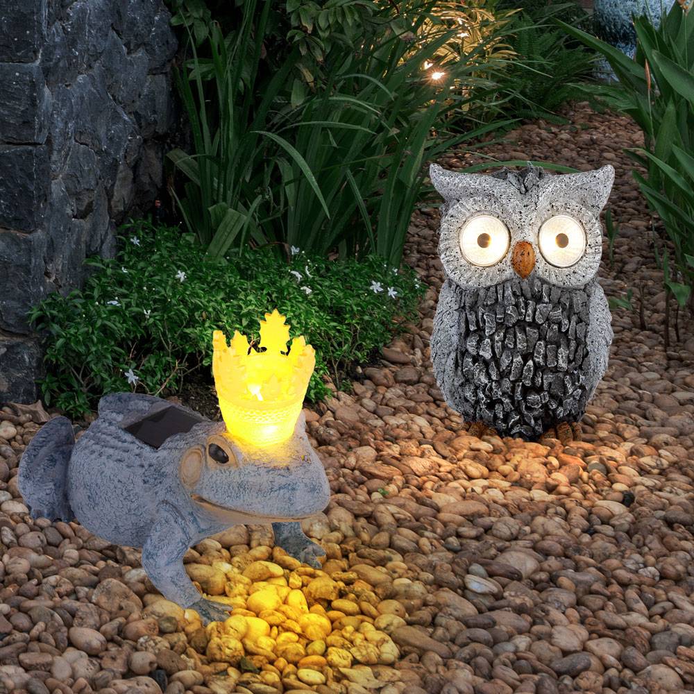 Solar Eule Gartenskulptur für Außen Gartendeko Frosch Figur Skulptur grau Akku, Kunststoff, LED 0,06 Watt, 2er Set